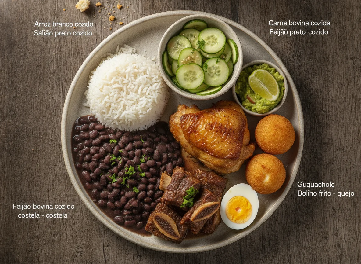 Prato feito com arroz, feijão, carne e acompanhamentos photo