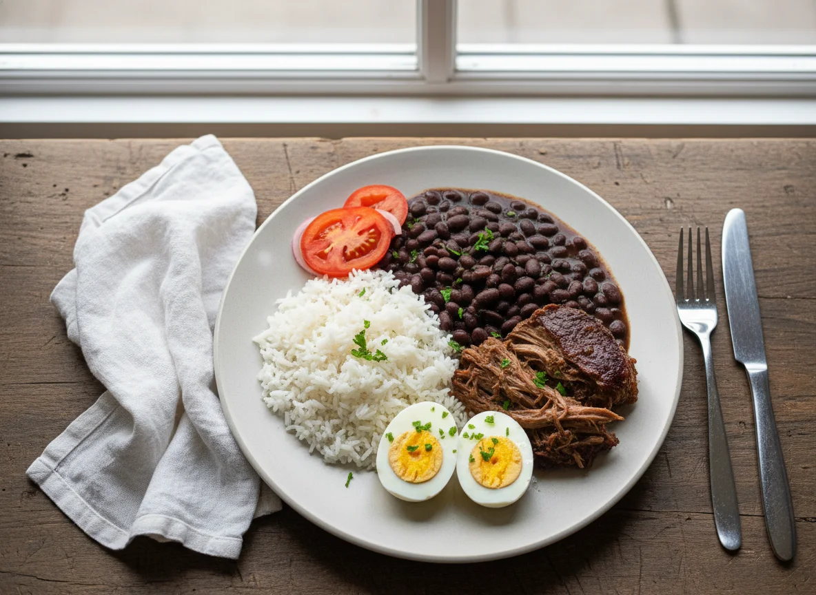 Prato feito com arroz, feijão, carne e ovos cozidos photo