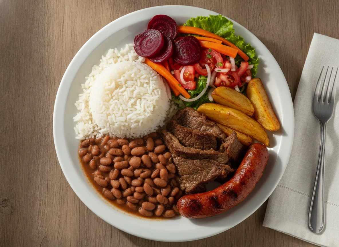 Prato feito com arroz, feijão, carne, linguiça e salada photo