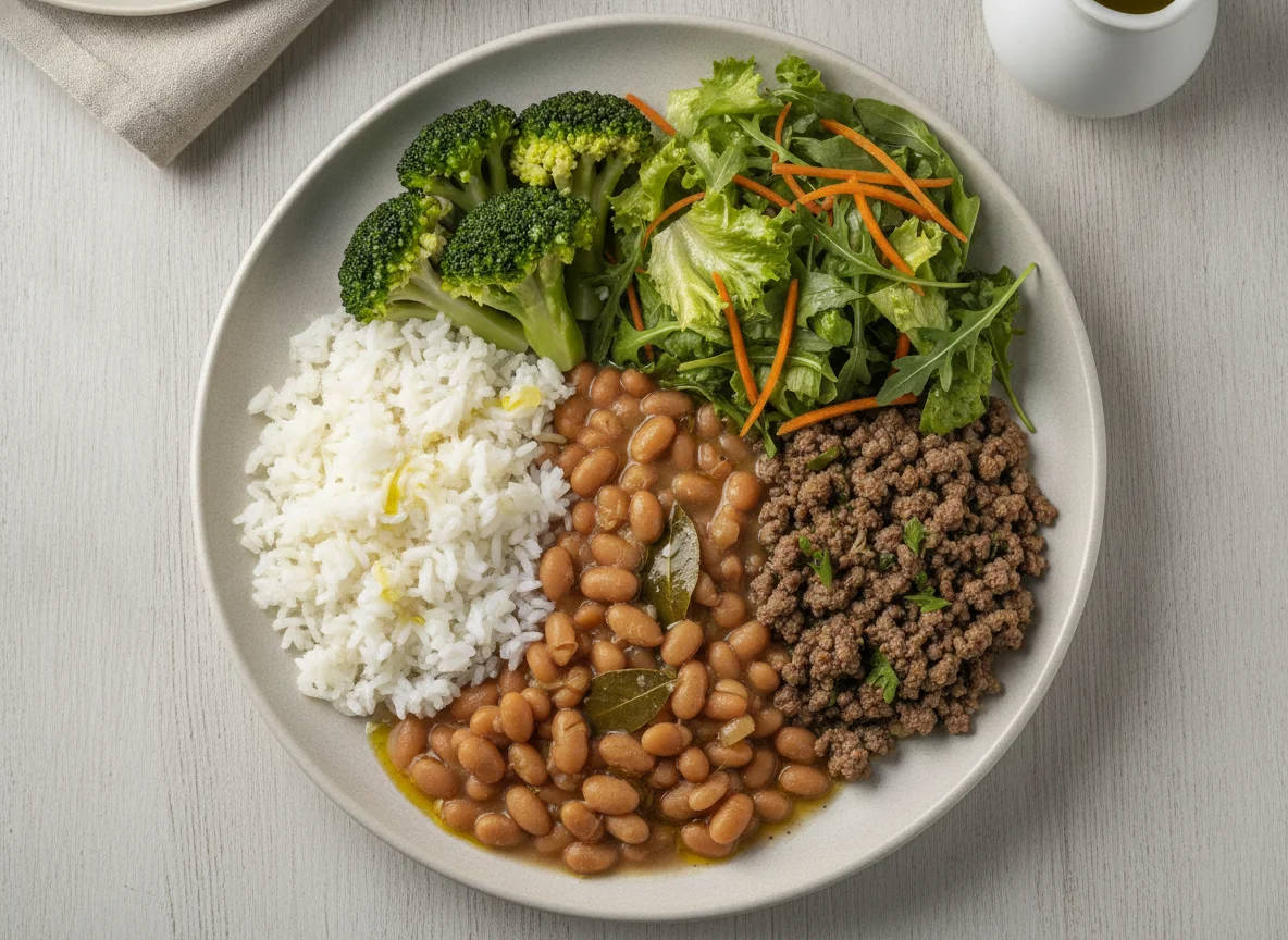 Prato feito com arroz, feijão, carne moída, brócolis e salada photo