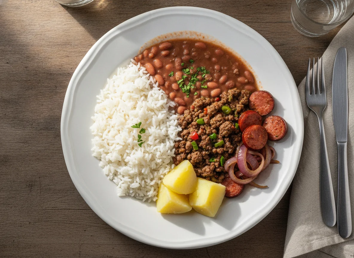 Prato feito com arroz, feijão, carne moída e linguiça photo