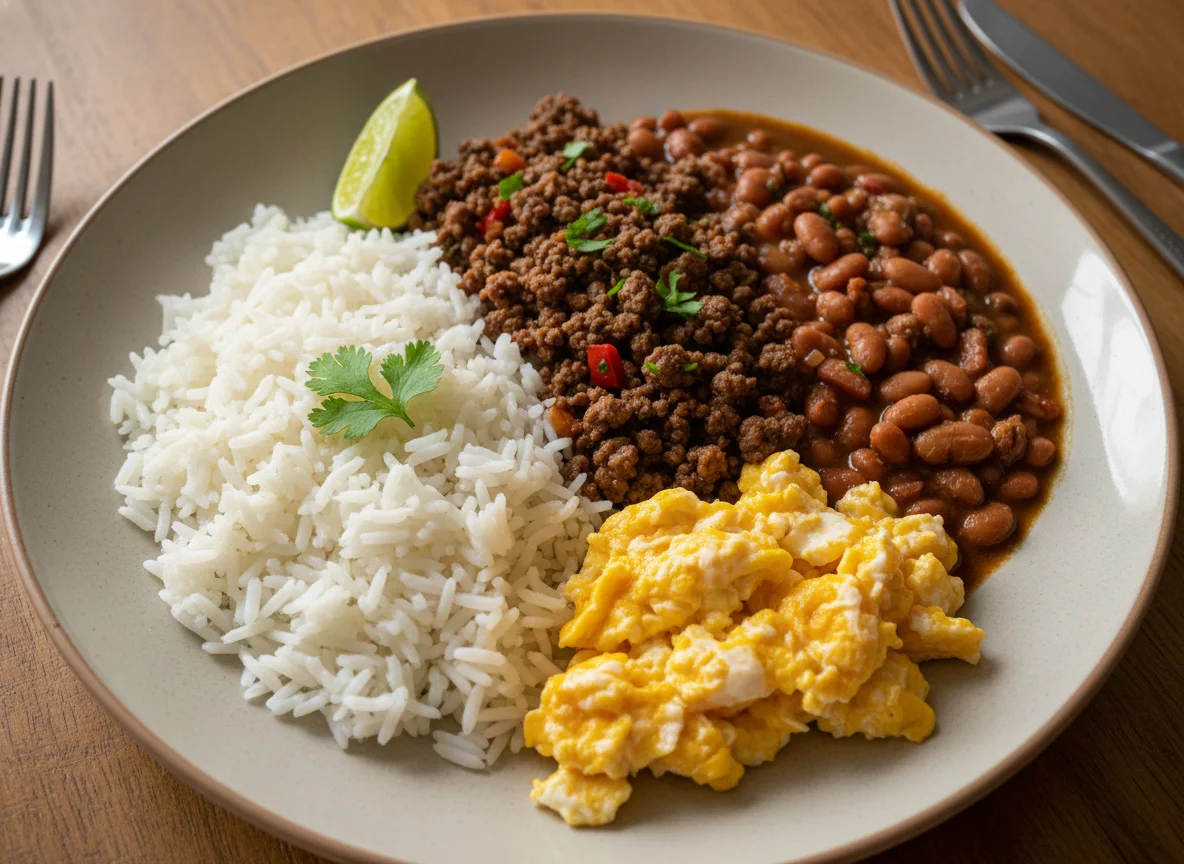 Prato feito com arroz, feijão, carne moída e ovos mexidos photo