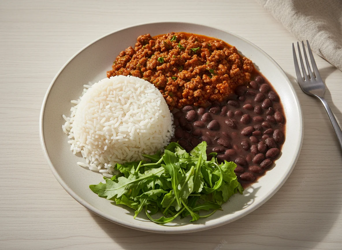 Prato feito com arroz, feijão, carne moída e salada photo