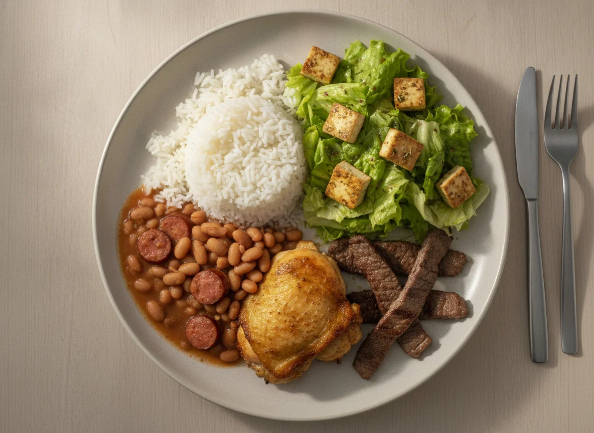 Prato feito com arroz, feijão, carnes, salada e tofu photo