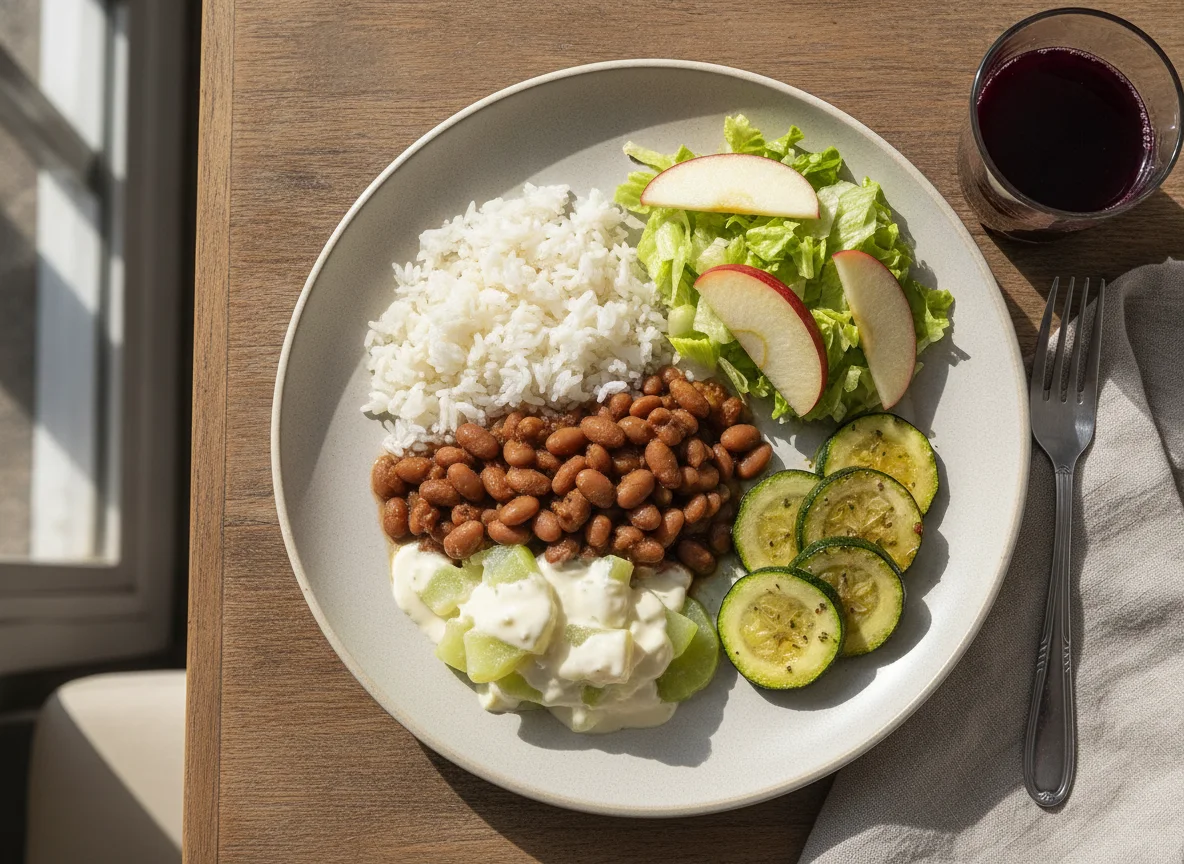 Prato feito com arroz, feijão, chuchu ao molho branco, abobrinha e salada photo