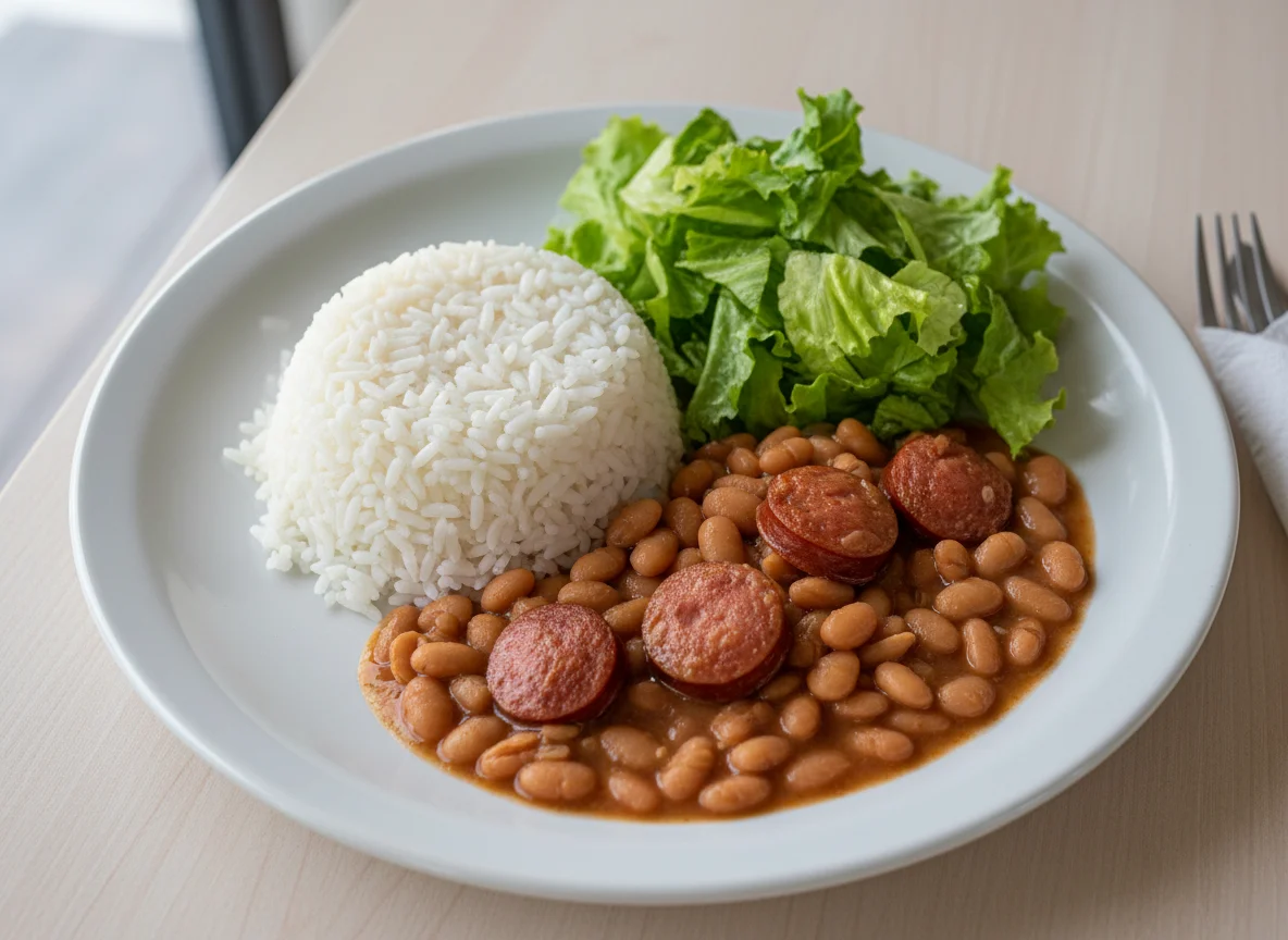 Prato feito com arroz, feijão com linguiça e salada photo