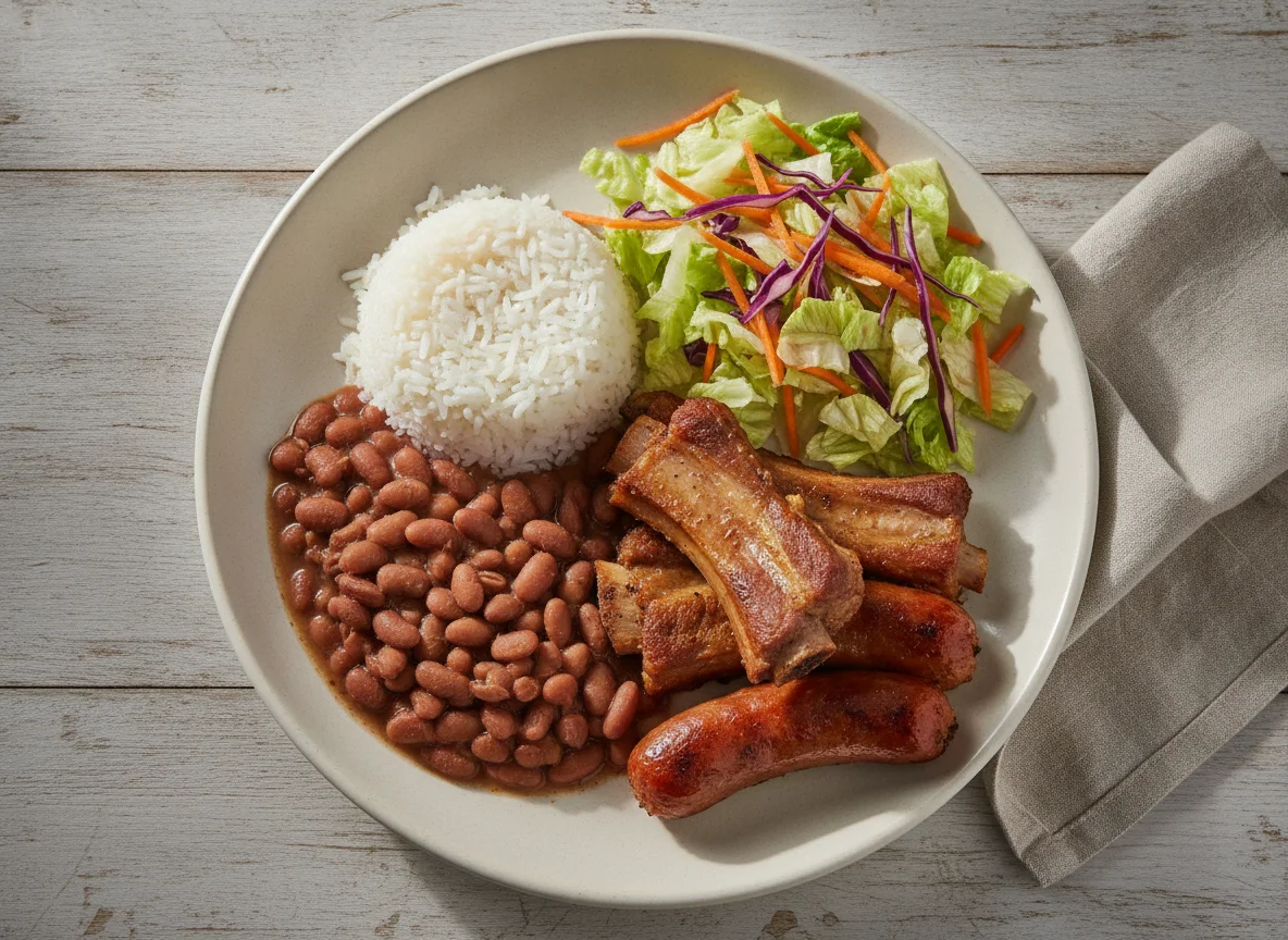 Prato feito com arroz, feijão, costelinha de porco, linguiça e salada photo