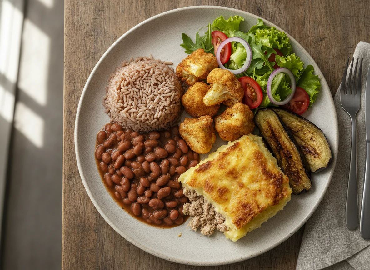 Prato feito com arroz, feijão, couve-flor à dorê e escondidinho de carne de soja photo