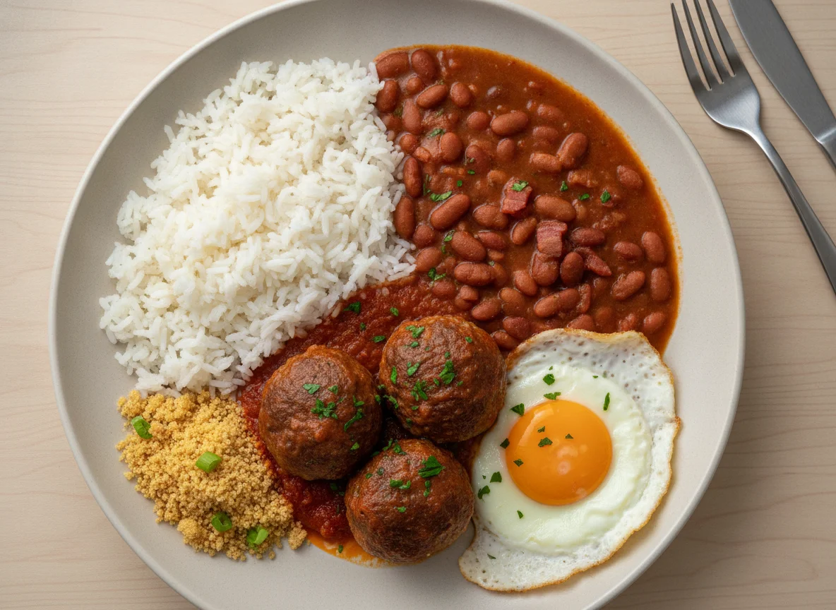 Prato feito com arroz, feijão e almôndegas photo
