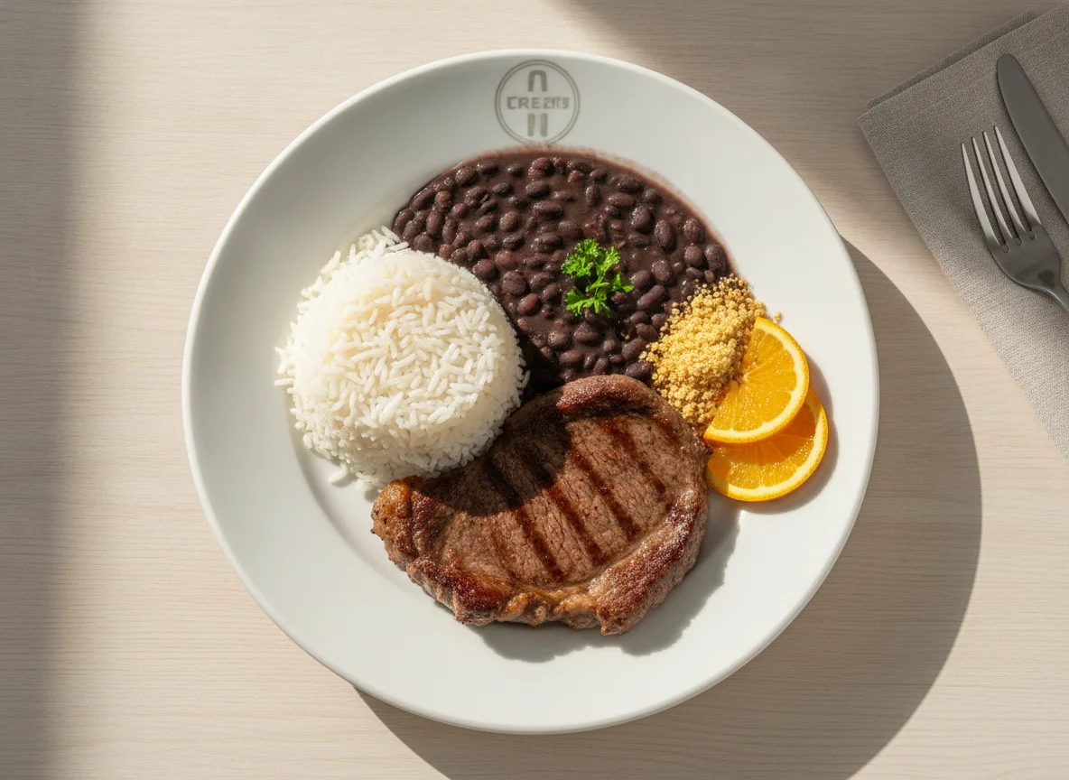 Prato feito com arroz, feijão e bife photo