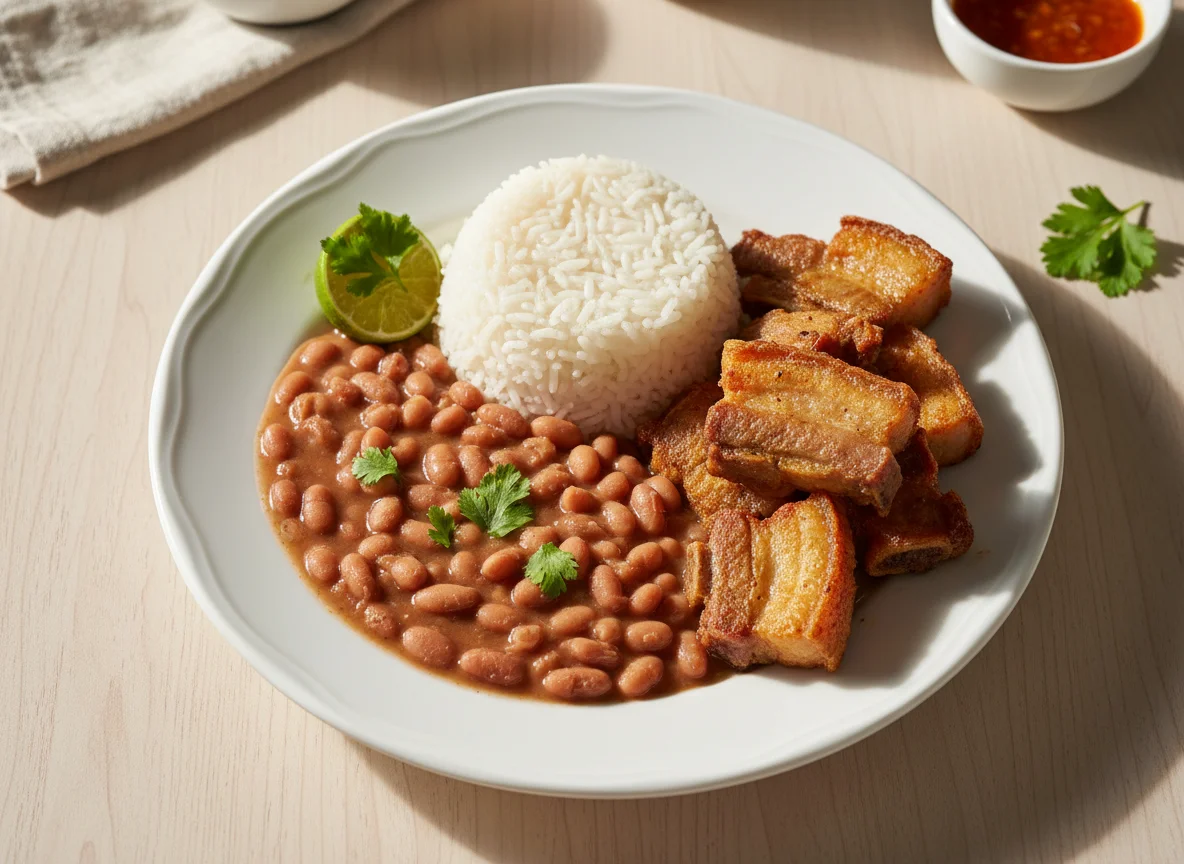 Prato feito com arroz, feijão e carne de porco photo