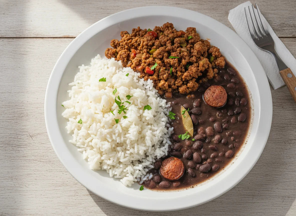 Prato feito com arroz, feijão e carne moída photo