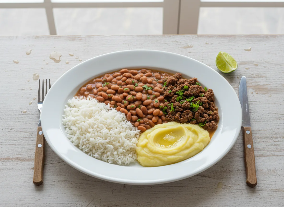 Prato feito com arroz, feijão e carne moída com purê photo