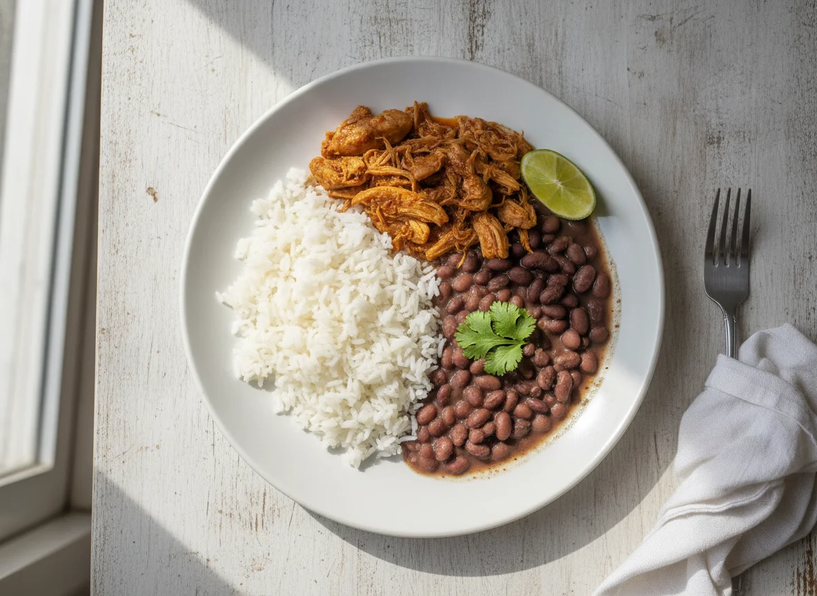Prato feito com arroz, feijão e frango desfiado photo