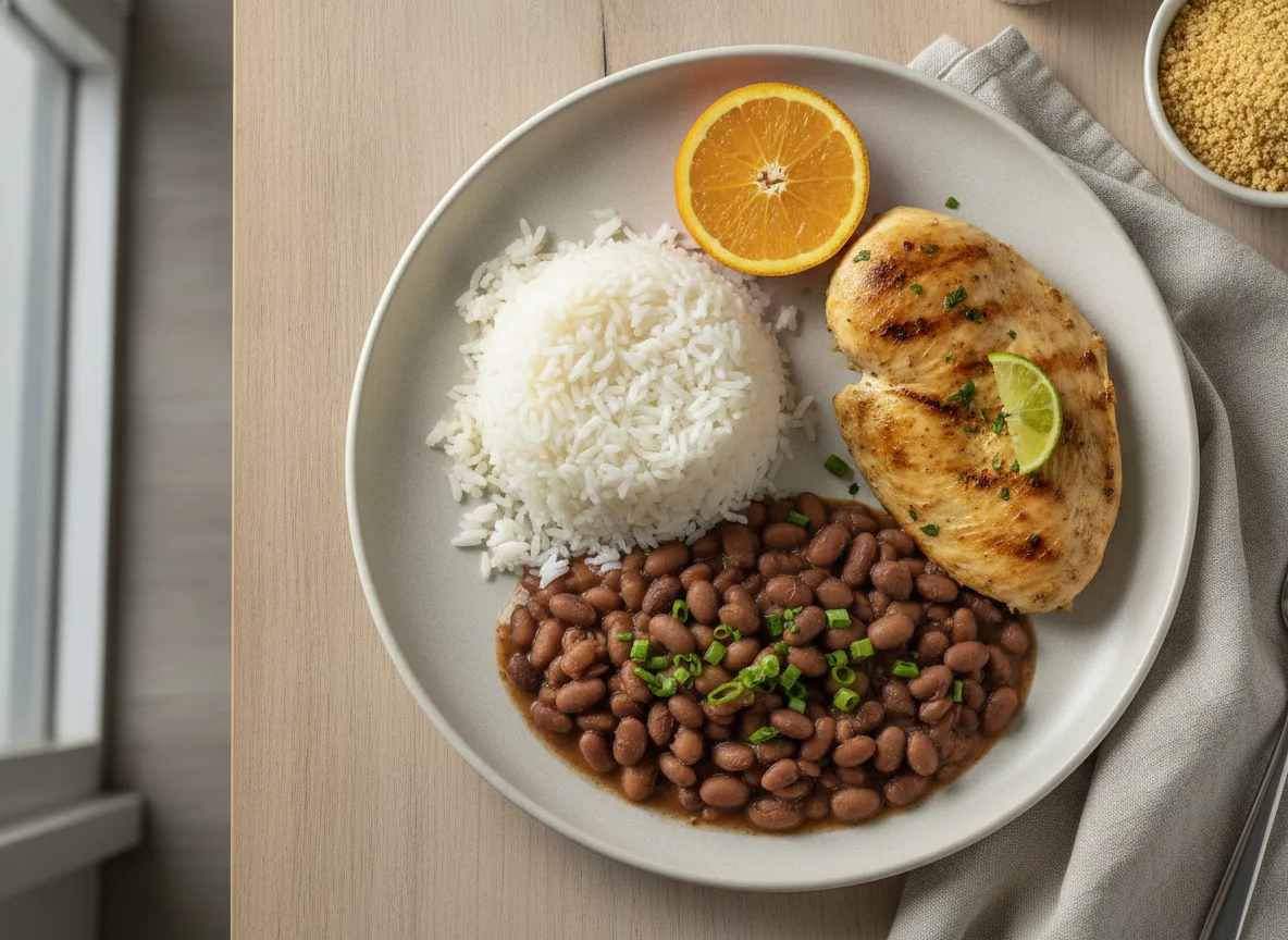 Prato feito com arroz, feijão e frango grelhado photo