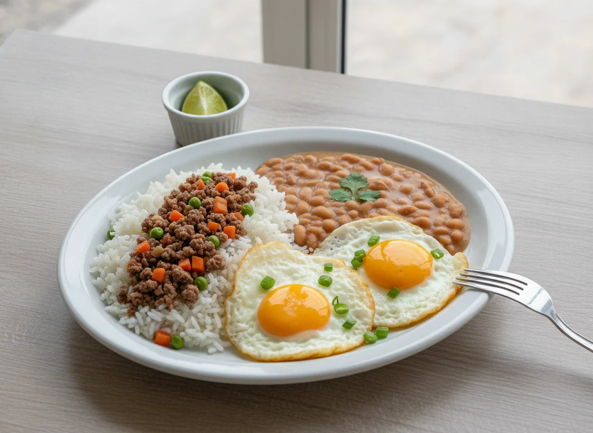 Prato feito com arroz, feijão e ovos fritos photo