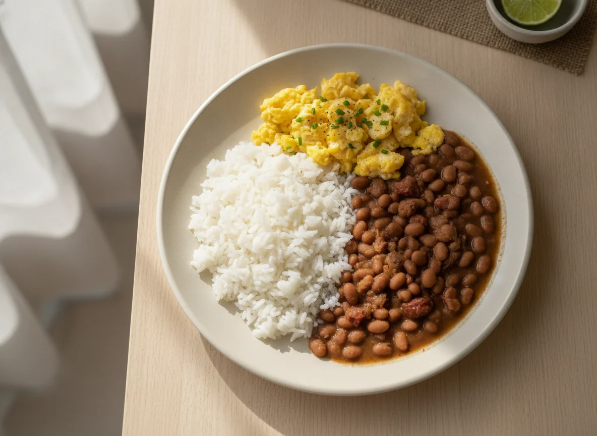 Prato feito com arroz, feijão e ovos mexidos photo