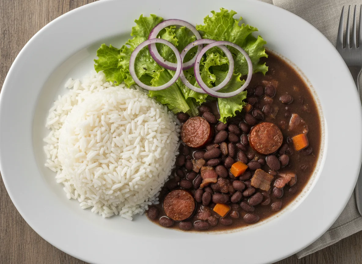 Prato feito com arroz, feijão e salada photo