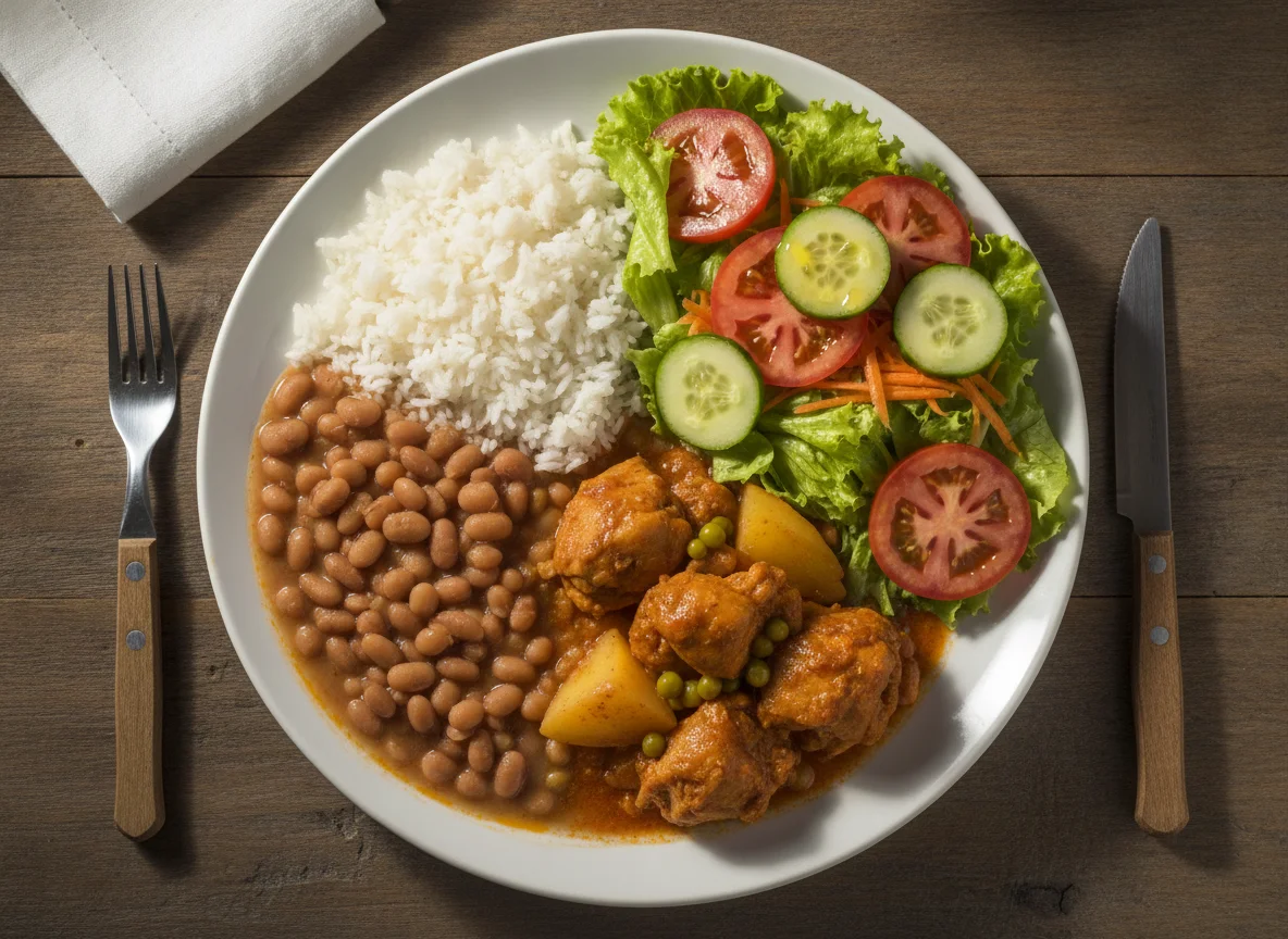 Prato feito com arroz, feijão, ensopado de frango com legumes e salada photo
