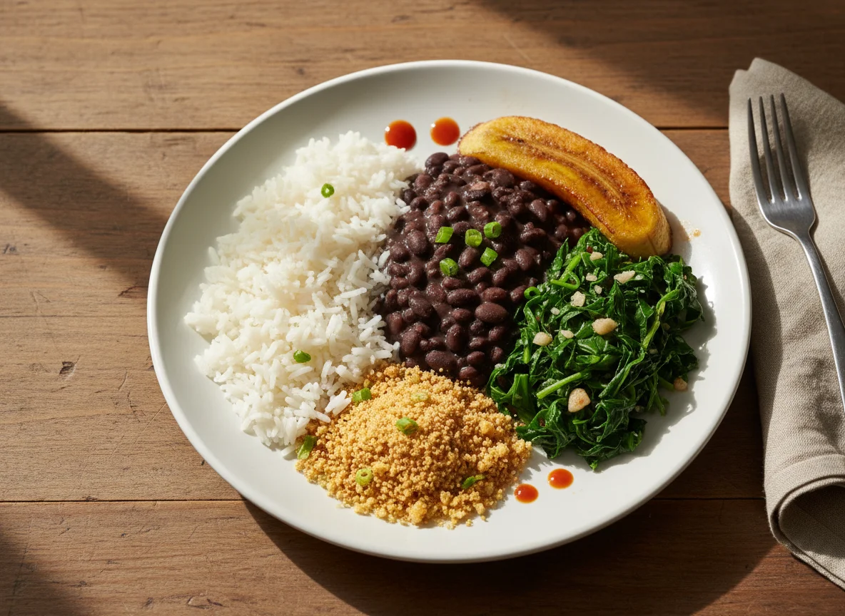 Prato feito com arroz, feijão, farofa, couve refogada e banana frita photo