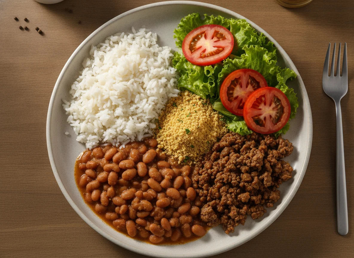 Prato feito com arroz, feijão, farofa e salada photo