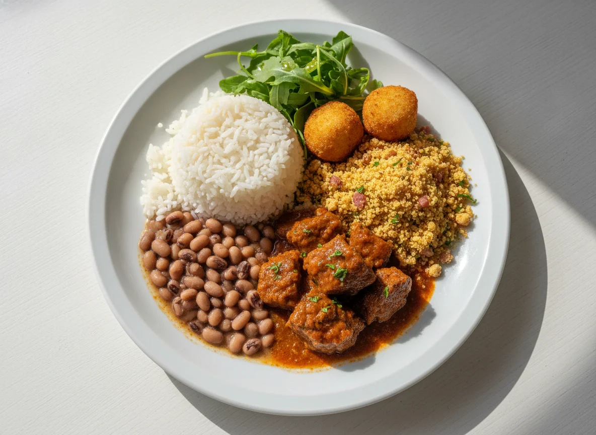 Prato feito com arroz, feijão fradinho, carne ao molho, farofa e bolinhos fritos photo