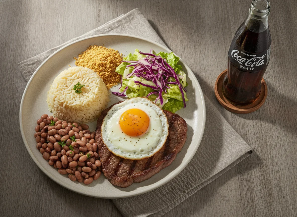 Prato feito com arroz, feijão fradinho, carne, ovo frito e Coca-Cola Zero photo