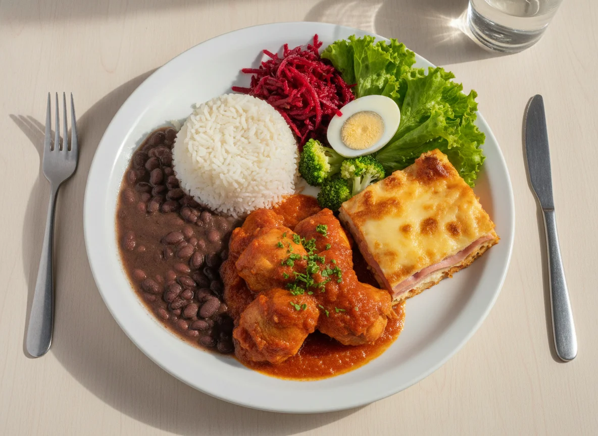 Prato feito com arroz, feijão, frango ao molho, lasanha e salada photo