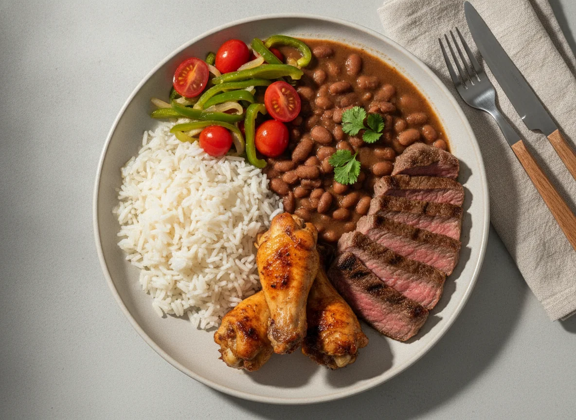 Prato feito com arroz, feijão, frango assado, carne e salada photo