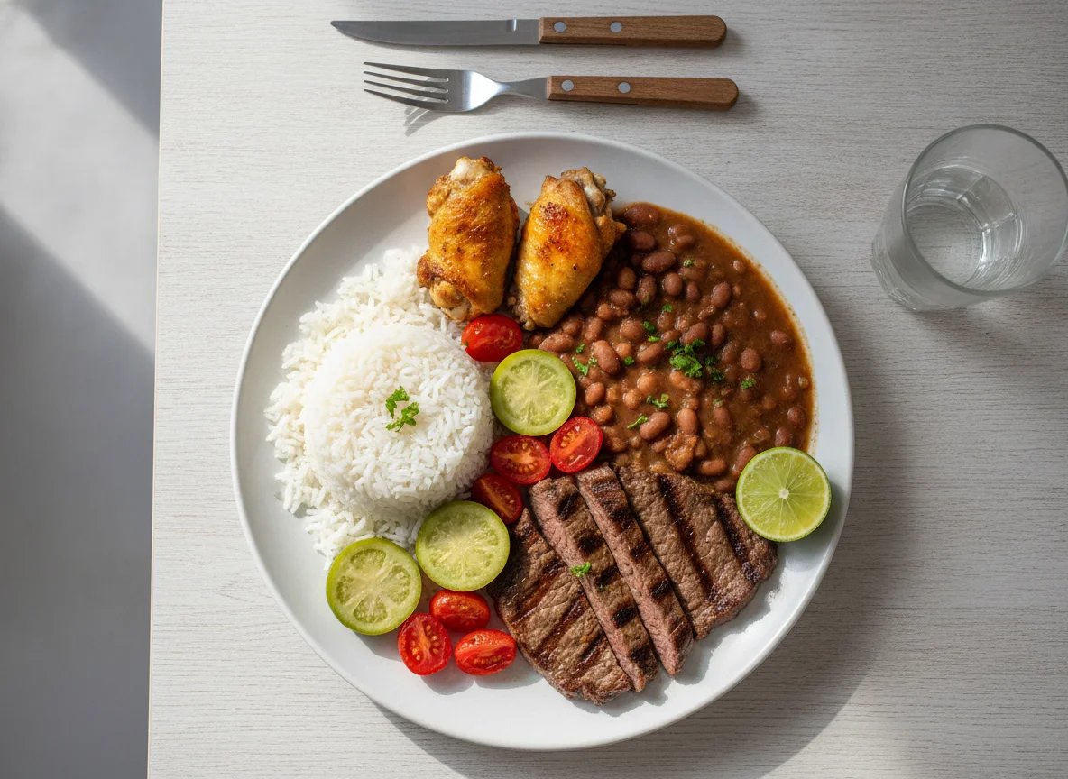 Prato feito com arroz, feijão, frango, carne, tomate e jiló photo