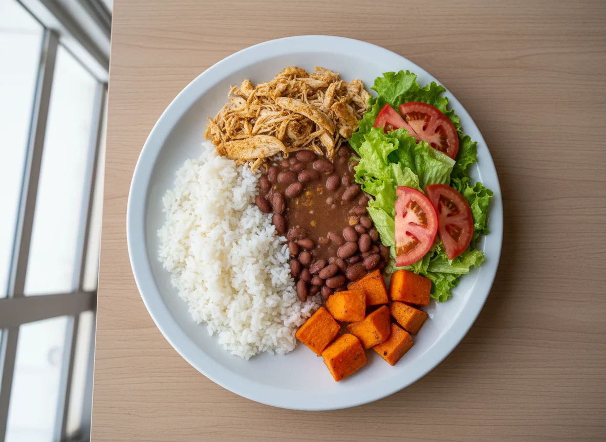 Prato feito com arroz, feijão, frango desfiado, batata doce e salada photo