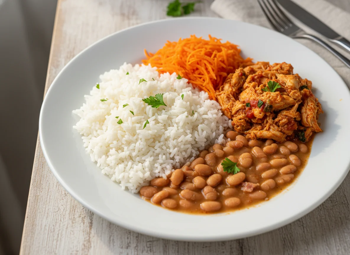 Prato feito com arroz, feijão, frango desfiado e cenoura ralada photo