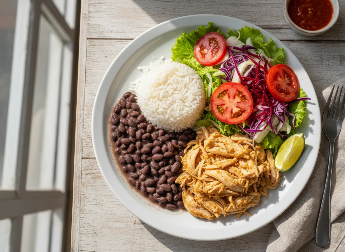 Prato feito com arroz, feijão, frango desfiado e salada photo