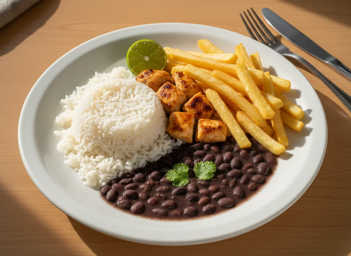 Prato feito com arroz, feijão, frango e batata frita photo