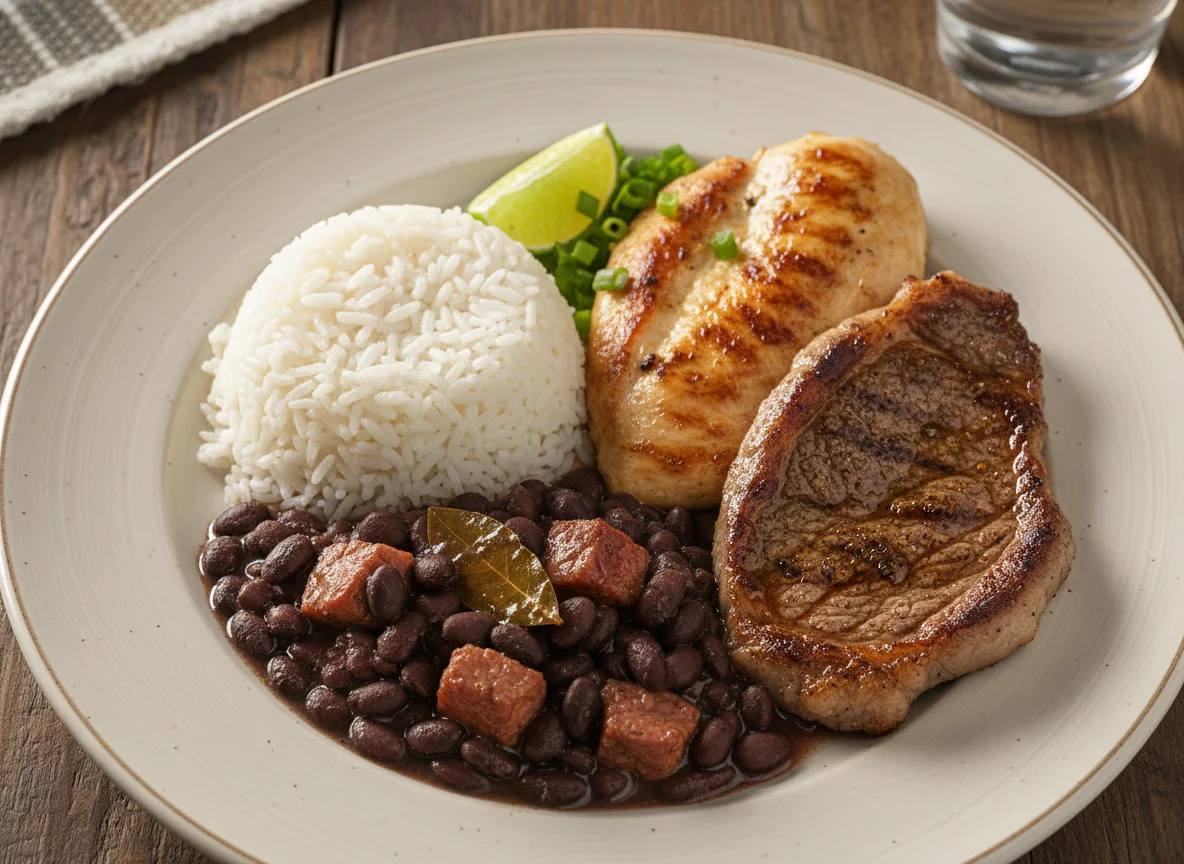 Prato feito com arroz, feijão, frango e carne bovina photo