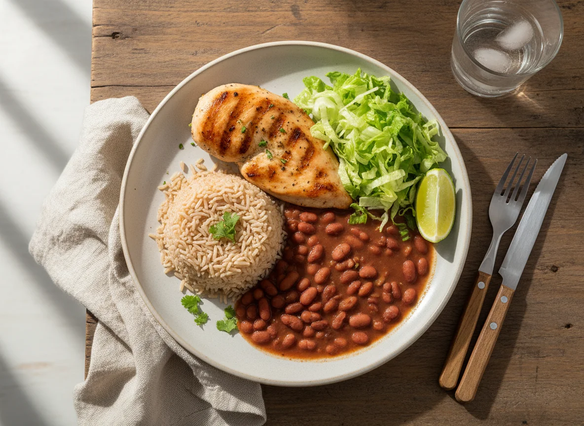 Prato feito com arroz, feijão, frango e salada photo