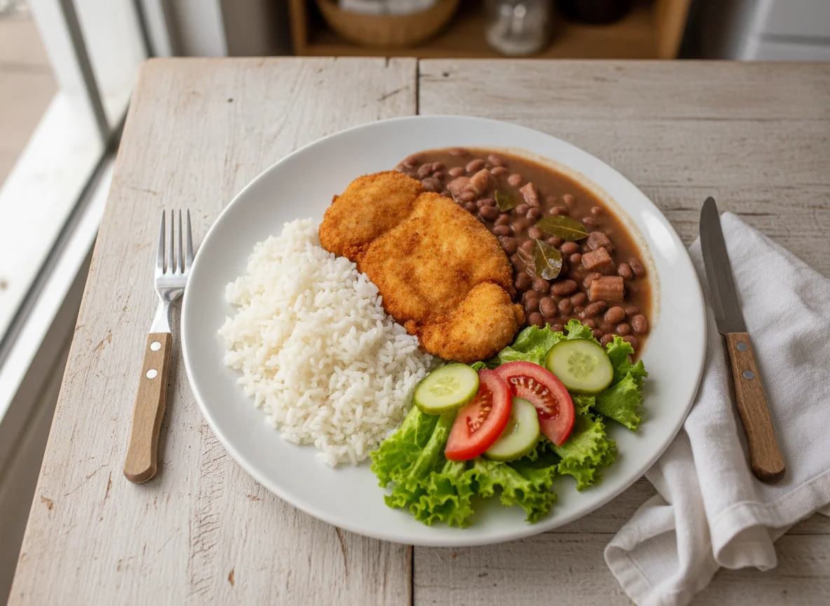 Prato Feito com Arroz, Feijão, Frango Empanado e Salada photo
