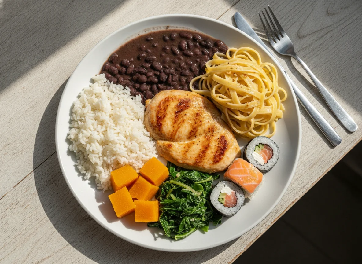 Prato feito com arroz, feijão, frango grelhado, macarrão, abóbora, couve e sushi photo