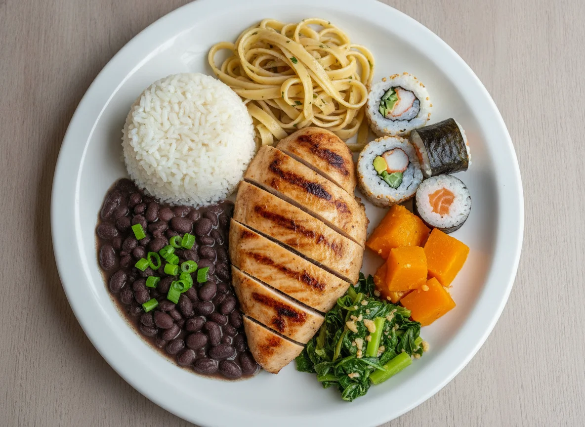 Prato feito com arroz, feijão, frango grelhado, macarrão, sushi e abóbora photo