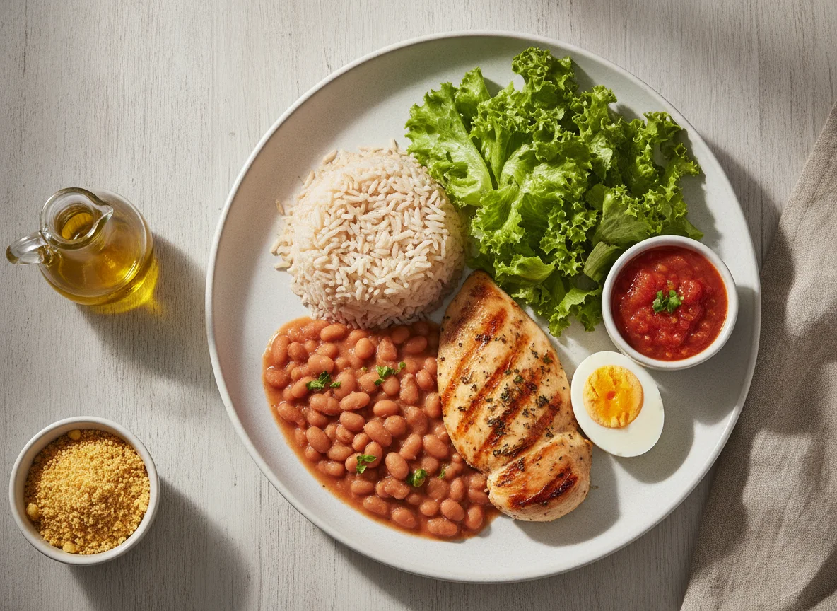 Prato feito com arroz, feijão, frango grelhado, ovo cozido e salada photo