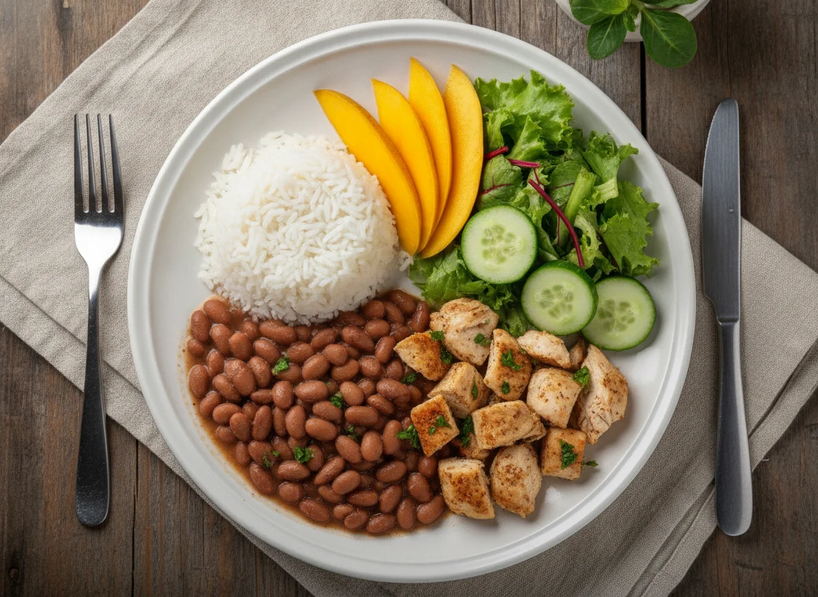 Prato feito com arroz, feijão, frango, manga e salada photo