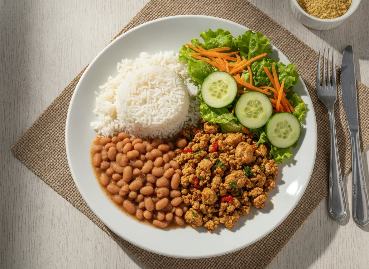 Prato feito com arroz, feijão, frango moído e salada photo