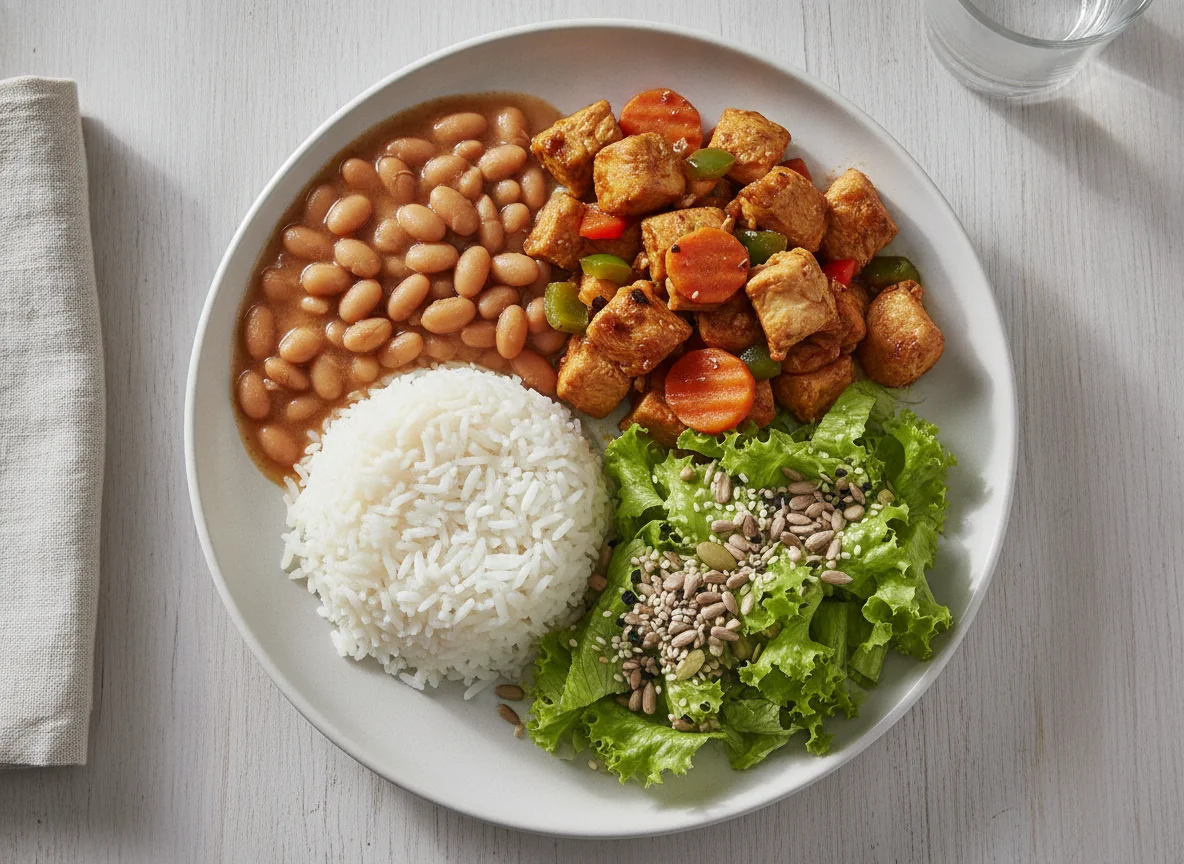 Prato feito com arroz, feijão, frango xadrez e salada verde photo