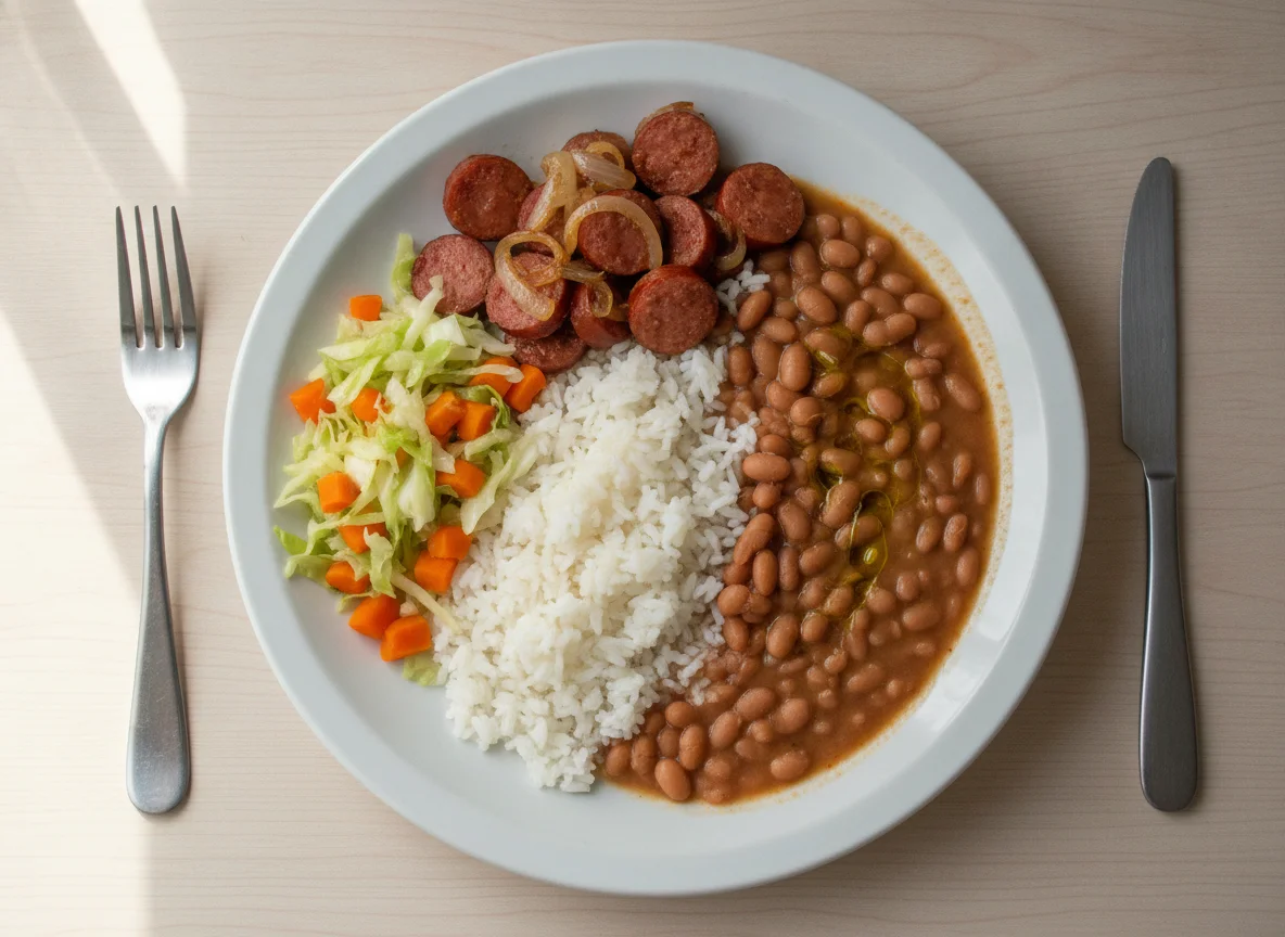 Prato feito com arroz, feijão, linguiça calabresa e salada de legumes photo