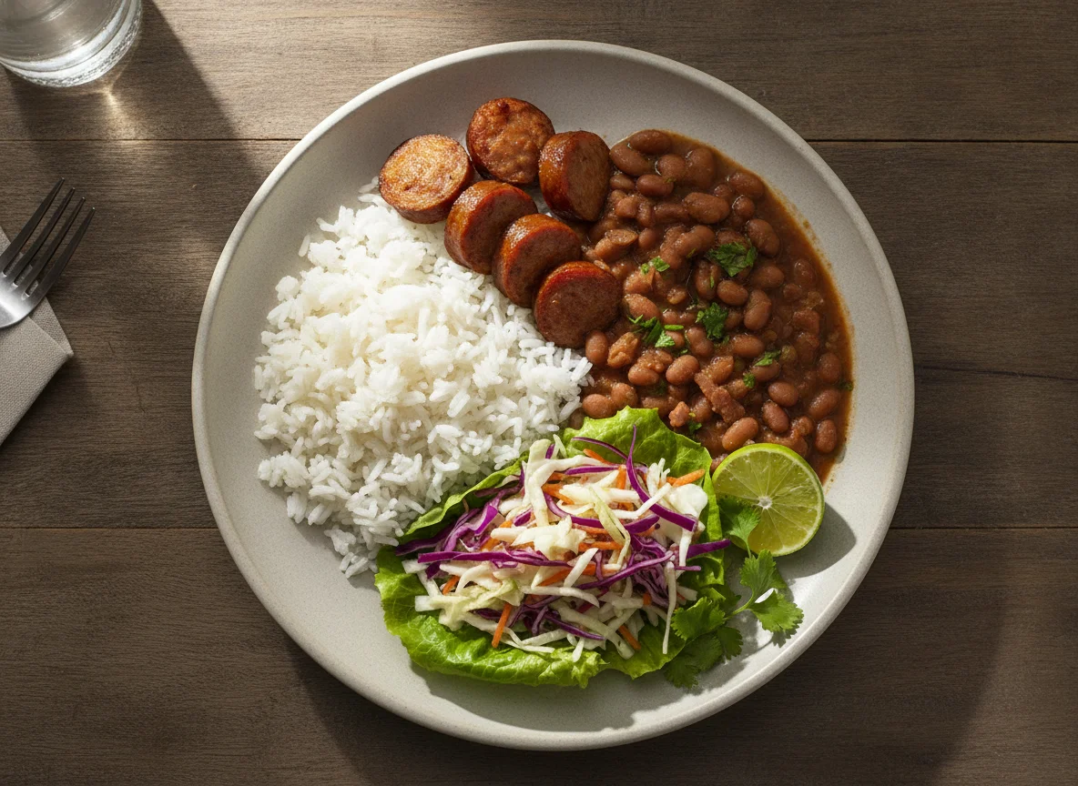 Prato feito com arroz, feijão, linguiça e salada photo