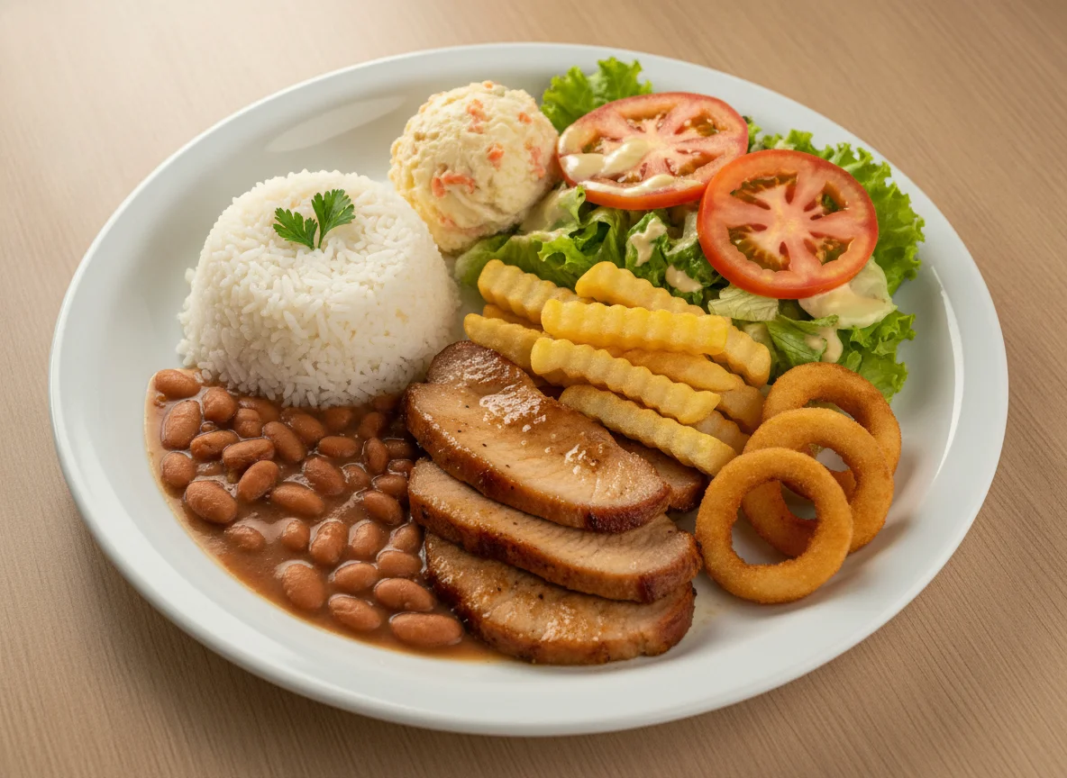 Prato Feito com Arroz, Feijão, Lombo, Batata Frita, Onion Rings e Salada photo