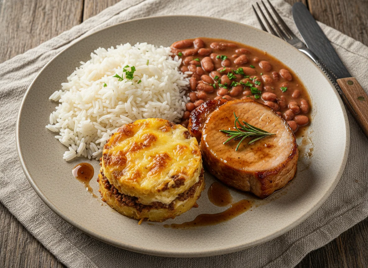 Prato feito com arroz, feijão, lombo suíno e escondidinho de carne photo