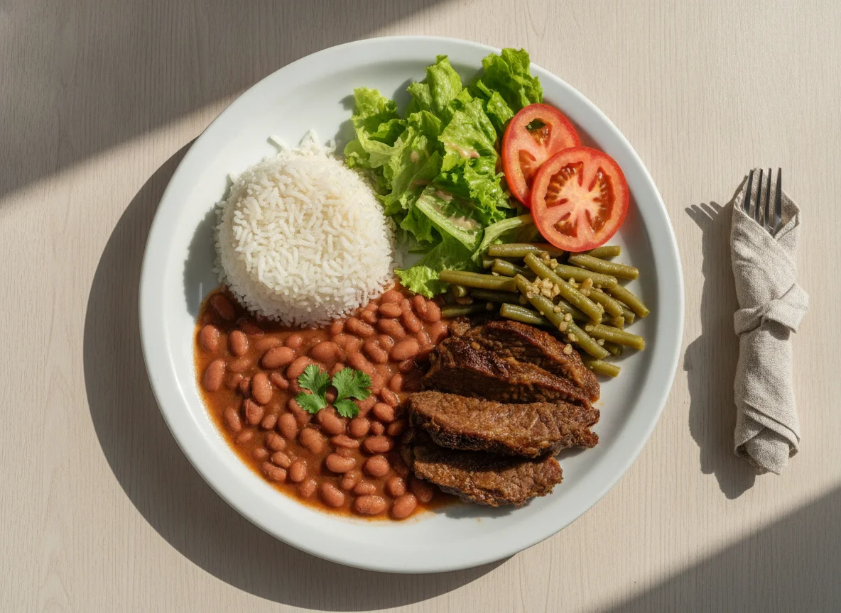 Prato feito com arroz, feijão, maçã de peito cozida, vagem e salada photo