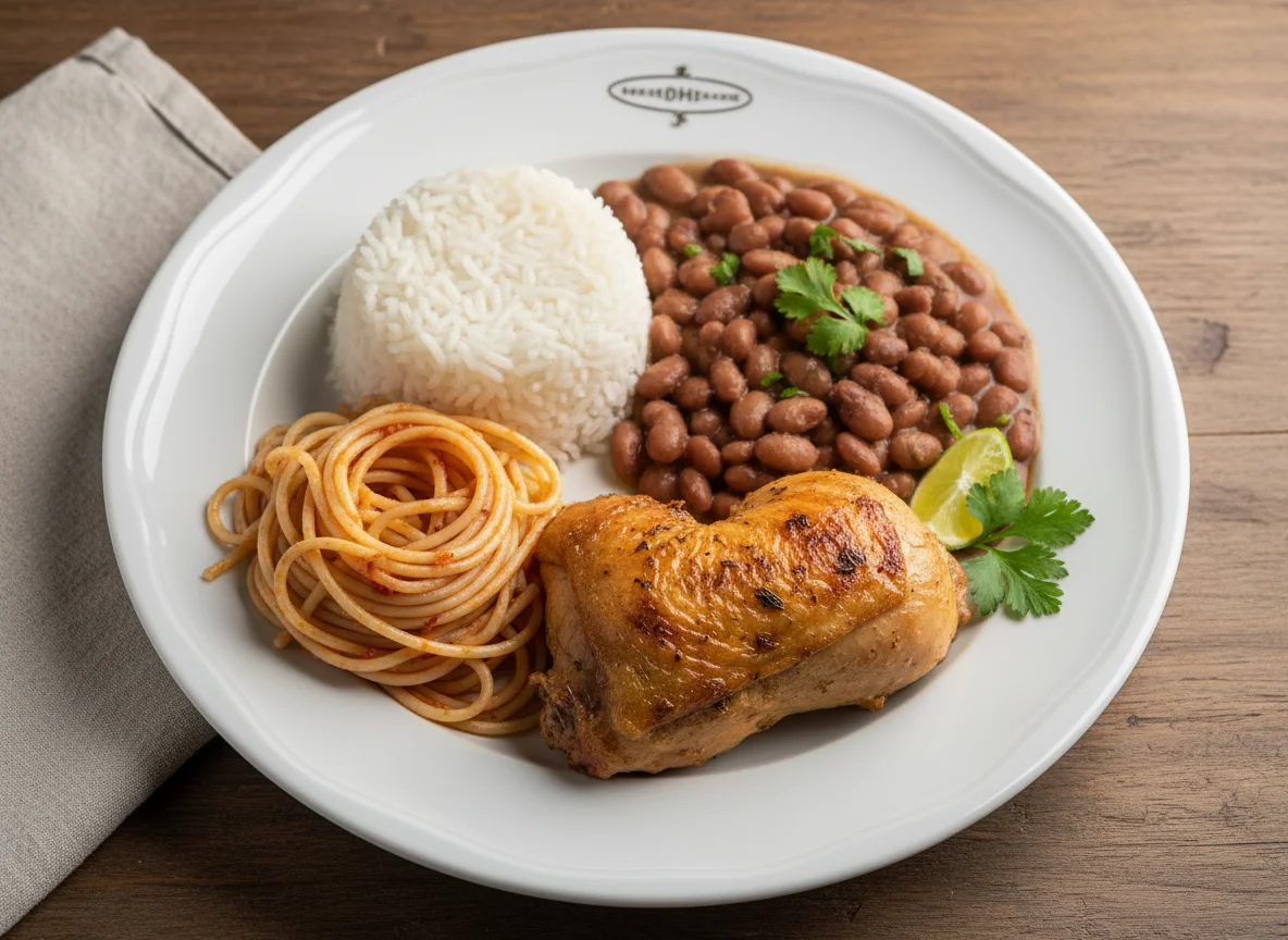Prato feito com arroz, feijão, macarrão e frango photo