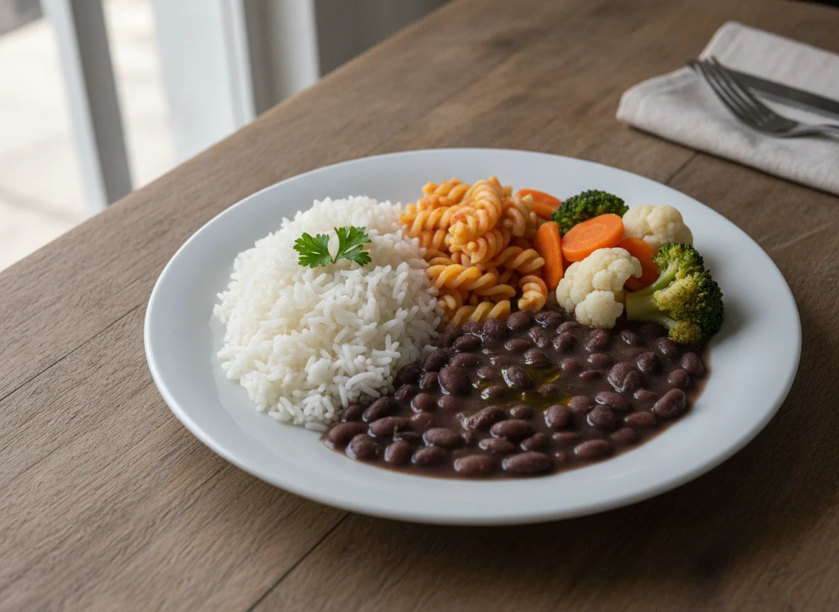 Prato feito com arroz, feijão, macarrão e legumes photo